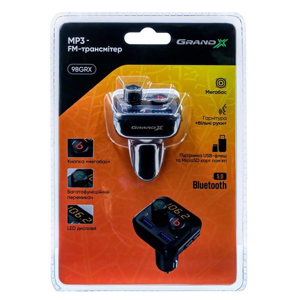 FM-трансмітер Grand-X 98GRX MegaBass Bluetooth V5.0 Hands Free MicroSD, 2хUSB 1A+2.4A 98GRX фото