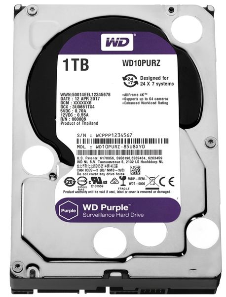 Накопичувач HDD SATA 1.0TB WD Purple 5400rpm 64MB (WD10PURZ) 181643 фото