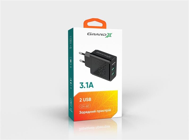 Мережевий зарядний пристрій Grand-X (2xUSB 3.1А) Black (CH-60) 298843 фото