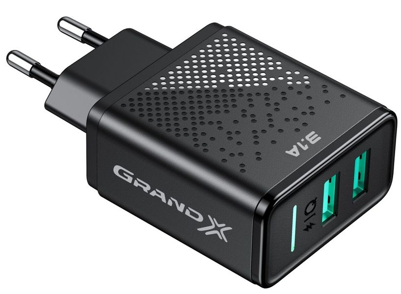 Мережевий зарядний пристрій Grand-X (2xUSB 3.1А) Black (CH-60) 298843 фото