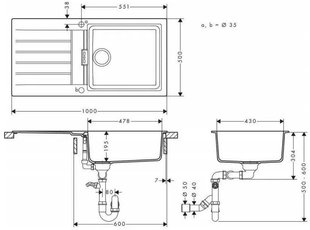 Hansgrohe Мийка кухонна S52, граніт, прямокутник, з крилом, 980х480х190мм, чаша - 1, врізна, сірий камінь