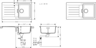 Hansgrohe Мийка кухонна S52, граніт, прямокутник, з крилом, 840х480х190мм, чаша - 1, врізна, сірий камінь