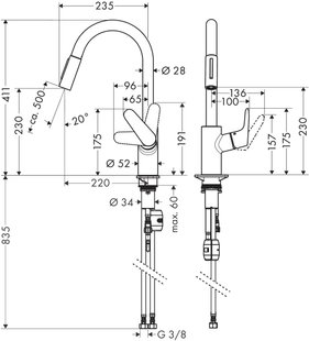 Hansgrohe Змішувач для кухні Focus M41, довж.виливу - 235мм, витяжний, 1важіль, KM240, сталь