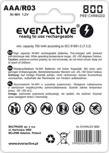 Акумулятор everActive AAA/HR03 Ni-MH 800mAh BL 4шт EVHRL03-800 фото